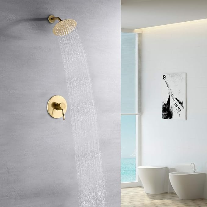 sumerain Shower Faucet Set Brushed Gold, Anti-scald Pressure Balance Valve, 8 Inches Extra-thin Rain Shower Head, with Non-return Check Valves