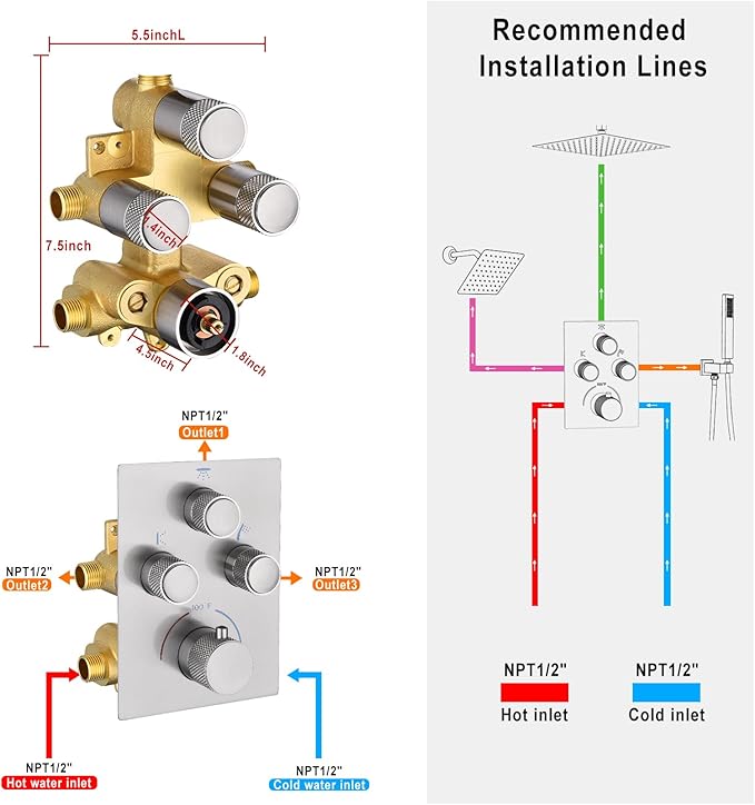 Modern Push Button 3 Way Thermostatic Shower Valve, Concealed 3 Outlet Multi Function Brass Mixer Shower Diverter Valve Kit Can Control Flow and On-Off Simultaneously, Brushed Nickel