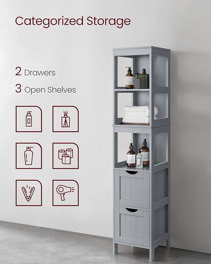 VASAGLE Storage Cabinet, Storage Organizer Rack Stand for Bathroom, Living Room, Bedroom, Multifunctional Corner Unit, 2 Drawers, 55.7 Inches in Height, Dove Gray UBBC066G02
