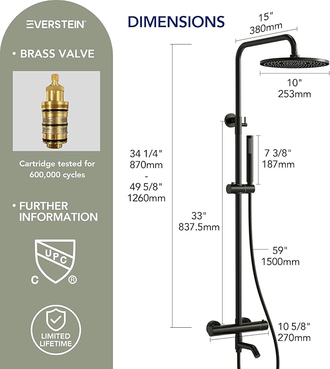 Exposed Shower System with Tub Spout, EVERSTEIN 10 inch High Pressure Shower Faucet Set, 3-Function Wall Mount Rain Showerhead with Handheld Sprayer, Outdoor Bathroom Fixtures, Matte Black