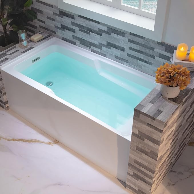 WOODBRIDGE 54" Acrylic Rectangular Alcove Soaking Bathtub in White with Left Drain, Brushed Nickel pop-UP Drain Included BA5430L