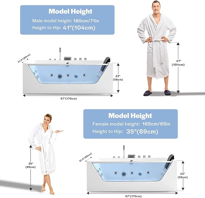 Empava 67" x 30" Whirlpool Tub,750W Acrylic Jetted Bathtub with 11 Jets,Hydromassage with Chromatherapy,3-Side Apron,67 Gallons,ETL Certified