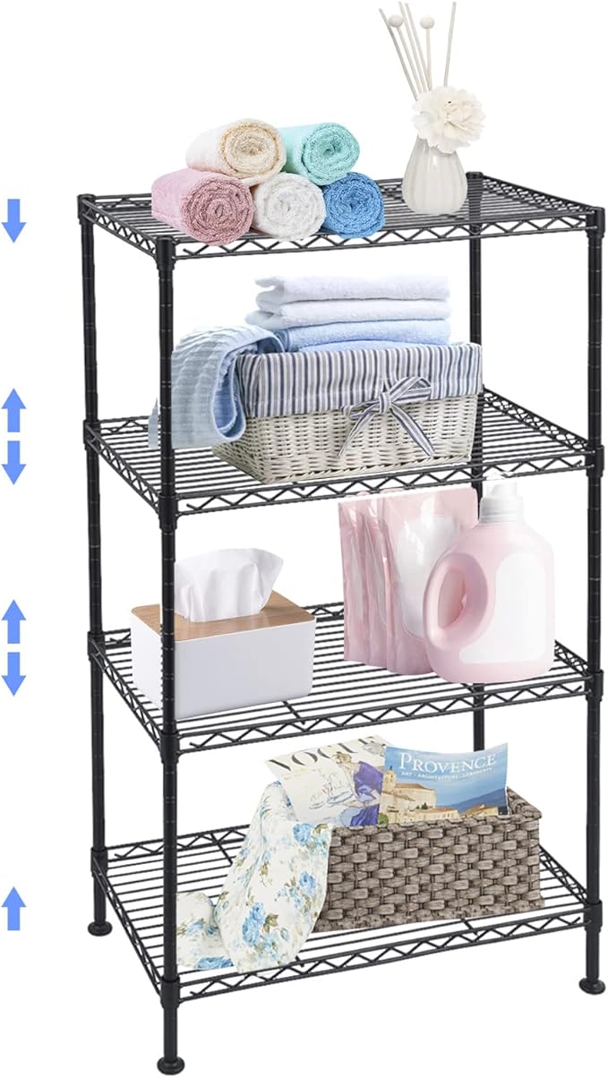 BNSPLY 4 Tier Wire Shelving Unit, Height Adjustable Wire Shelves with NSF Certified, Metal Storage Rack Shelf Unit for Kitchen, Laundry, Bathroom, Pantry, Closet (12" D x 19.7" W x 31.5" H, Black)
