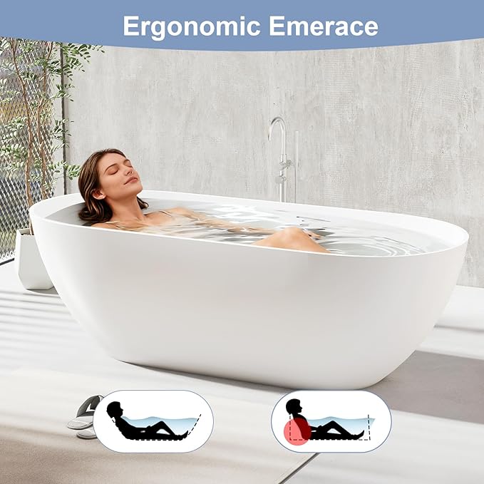 63 Inch Solid Surface Freestanding Bathtub, Oval Shaped Soaking Stone Resin Bath Tub with Brushed Overflow and Drain, Matte White Stand Alone Bathtub, cUPC Certified