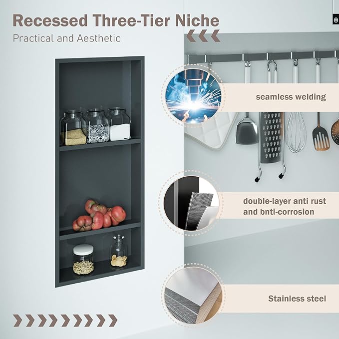 Stainless Steel Niche for Shower Wall，Shower Niche Insert Tile Ready ，Organizer Storage for Room，3-Tier Shelves ，Matte Black (Black，30 * 12 in)