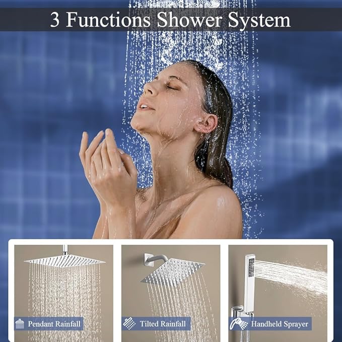 Shower Faucet Set Polished Chrome Shower System, Knob Switch Diverter Shower Faucet with High Pressure Handheld Spray, Ceiling Mount 10 Inch Shower Head with 6 Inch Wall Mount Shower Head