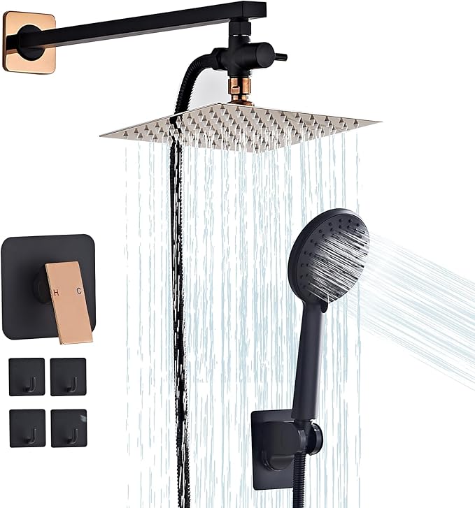 Shower Head 8'' High Pressure Rainfall, Handheld Shower Combo with 11'' Extension Arm, 5 Spray, Anti-leak Luxury Premium Quality, Rainfall Shower Head with Handheld Spray Combo, Rose Gold