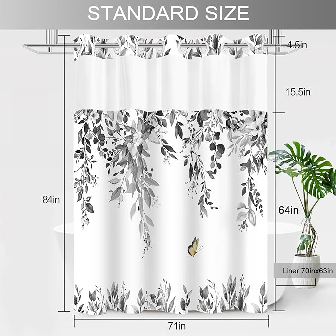 No Hook Shower Curtain and Liner Set, Grey Eucalyptus Floral Shower Curtains for Bathroom, Bath Curtain Sets with Snap in Liner, Waterproof with See Through Top Window, 71x84 Inches