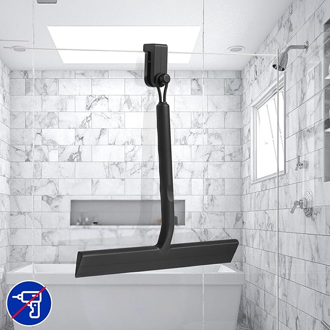 Shower Squeegee for Glass Doors, 8.5" Slicone Squeegee for Shower Glass Door, Black Shower Squeegee for Shower Doors Windows Mirrors Cars Cleaning, Shower Door Squeegee with 2 Hooks