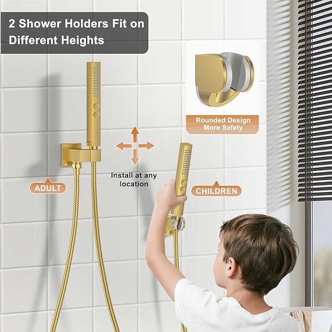 Shower Faucet Set, Ceiling Mount Rainfall Shower Head System 12" + 6" Dual Rain Shower Head Sets with 2 in 1 Handheld Spray for Bathroom with Rough-in Valve and Shower Trim Kit, Brushed Gold