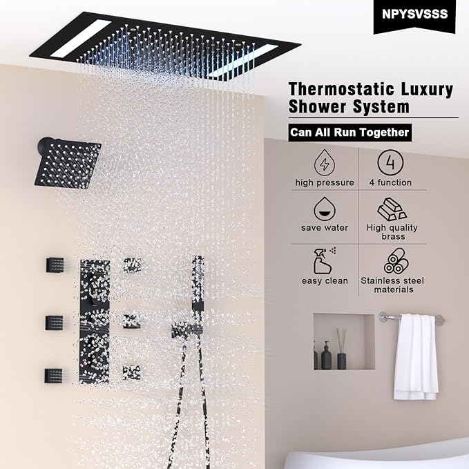 Thermostatic Shower System with 14x20 Inch Ceiling Mount LED Head & 6 Inch Wall Head and Handheld Shower 4 Function Vale with body jets Can All Run Together, Matte Black