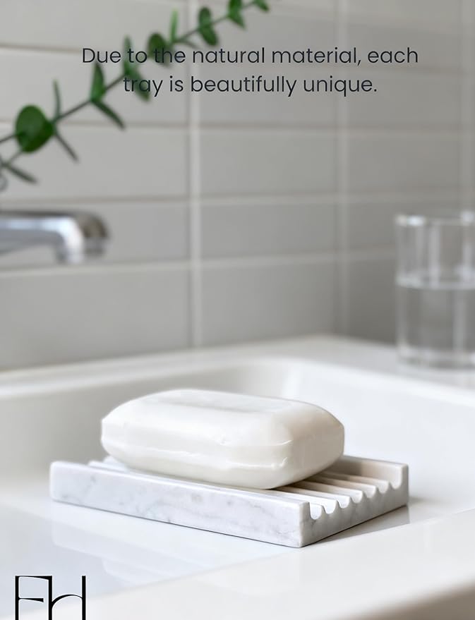 Marble Soap Dish - Soap Dish for Shower, Shower Bar Soap Holder, Real Marble Bathroom Tray, Decorative Stone Soap Dish with Drainage (Calacatta White, Wave Slot)