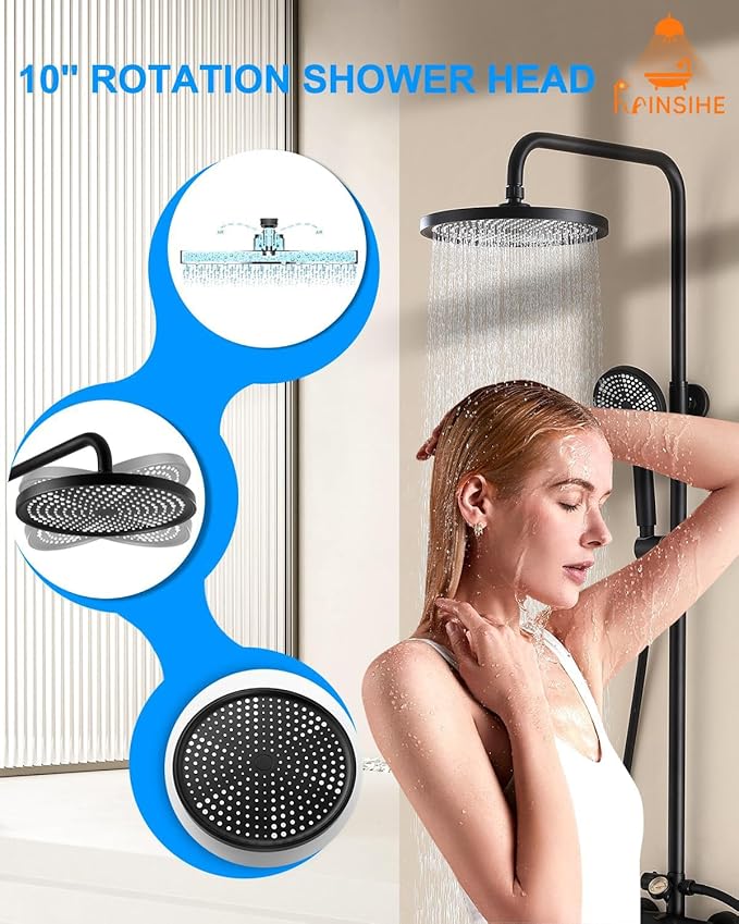 Outdoor Shower Fixture, Black Exposed Shower System with Tub Spout, Dial Thermometer Brass Valve, Wall Mount Outside Shower Faucet Combo with 10'' Rainfall Shower Head for Bath Backyard