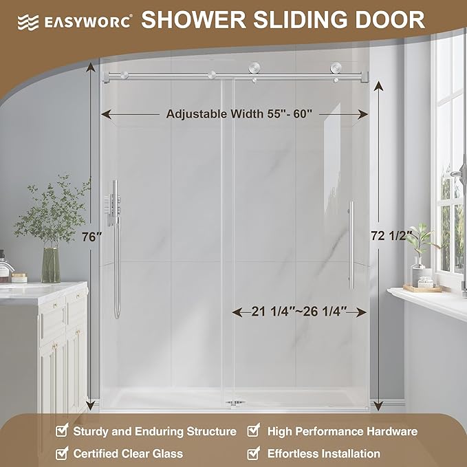 Frameless Glass Shower Door, 55-60" W x 76" H Sliding Frameless Shower Door, 1/4''(6mm) SGCC Tempered Glass, Explosion-Proof Film Nano Coating, Stainless Steel Hardware, Brushed Nickel