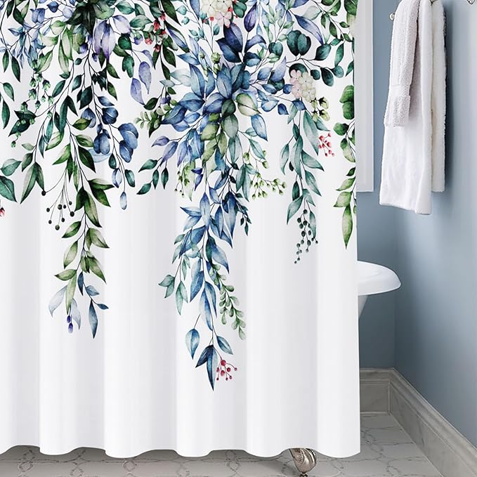 Shower Curtain,Blue Eucalyptus Shower Curtains for Bathroom,Watercolor Green Leaf Shower Curtain Sets Waterproof Plant Shower Curtain Blue Fabric Cloth Bathroom Curtains Green72x72 inch with Hooks