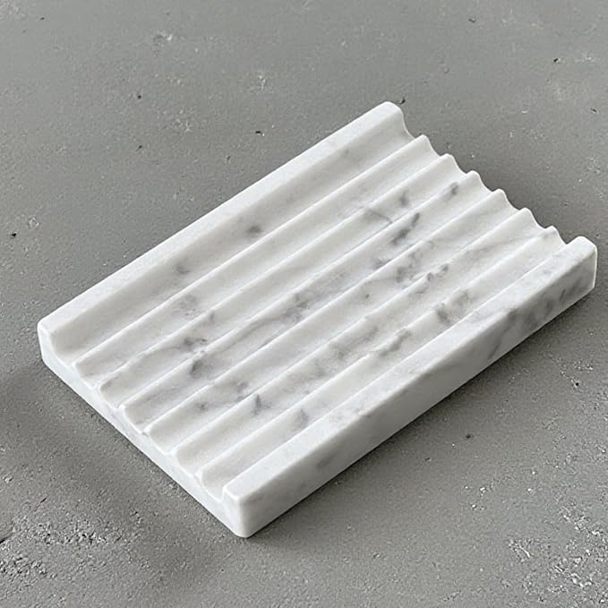 Marble Soap Dish - Soap Dish for Shower, Shower Bar Soap Holder, Real Marble Bathroom Tray, Decorative Stone Soap Dish with Drainage (Calacatta White, Wave Slot)