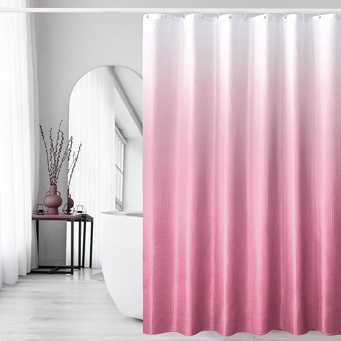 Gibelle Pink Shower Curtain, Ombre Fabric Shower Curtains for Bathroom, Waffle Weave Textured Bathroom Curtain with Hooks, Water Repellent and Machine Washable, 72 x 72