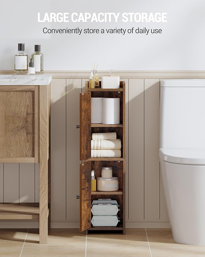 Bathroom Storage Cabinet, Corner Floor Cabinet with 2 Doors and Adjustable Shelf, Narrow Toilet Paper Cabinets, Bathroom Organizer for Small Spaces, 7.9" D x 7.9" W x 29.5" H Rustic Brown