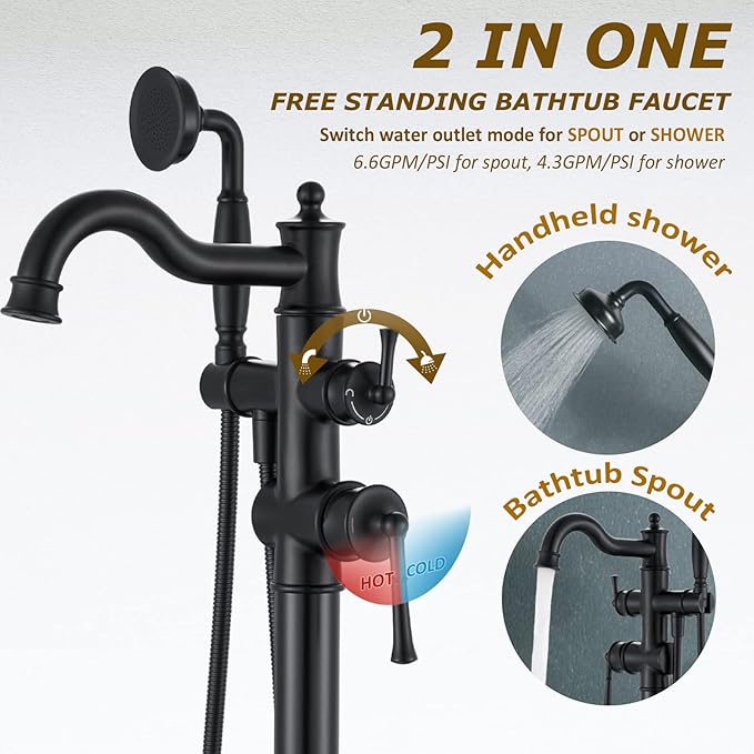 Freestanding Floor Mount Tub Filler with Handheld Shower Roman Bathtub Faucet by Matte Black Finish, Swivel Spout with Brass Rough-in and Water Hose