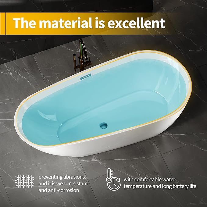 Bathtub with Upturned Ends, CUPC Chrome Drain and Overflow, White Interior and Black Exterior, Built-in Overflow, Fiber-Coated Fixing Bracket