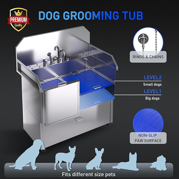 Dog Washing Station – 50 inch Professional 304 Stainless Steel Grooming Tub w/Ramp, Drawer, Faucet & Floor Grate, Dog Bathing Station for Large, Medium & Small Pets, 19" Leak-Proof Deep Soak