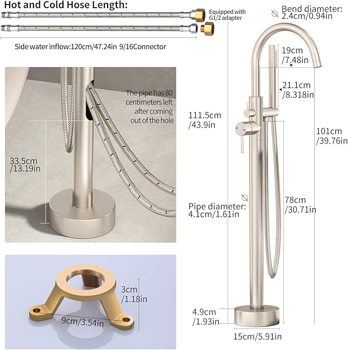 Freestanding Bathtub Faucet Waterfall Tub Filler Brushed Nickel Floor Mount Brass Single Handle Bathroom Faucets with Hand Shower (Electroplating color, Water in the side)