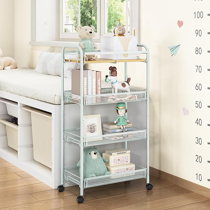 TOOLF 4-Tier Rolling Cart, Metal Utility Cart, Slide Out Storage Cart with Wooden Tabletop and Mesh Baskets for Narrow Space on Kitchen Bathroom Laundry Room Bedroom Apartments Dormitory (Green, Wide)