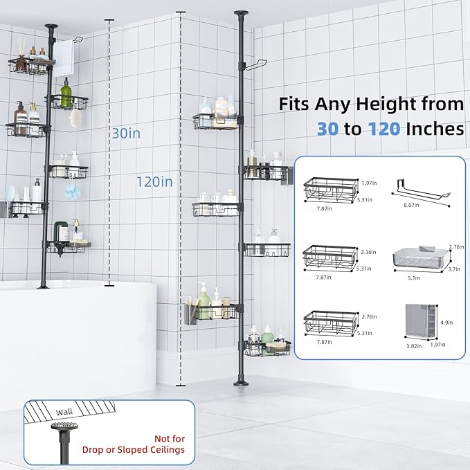 GearFusion Shower Caddy Organizer Tension Pole, Rustproof 4 Tier Corner Shower Rack with 25–114 Inch Adjustable Height for Bathroom Storage, Extra Towel Rack, Soap Dish and Toothbrush Holder, Black