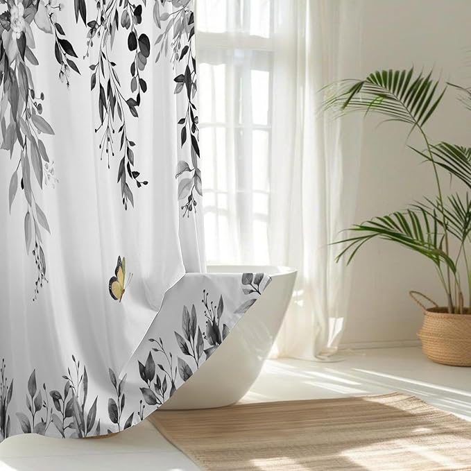 No Hook Shower Curtain and Liner Set, Grey Eucalyptus Floral Shower Curtains for Bathroom, Bath Curtain Sets with Snap in Liner, Waterproof with See Through Top Window, 71x84 Inches