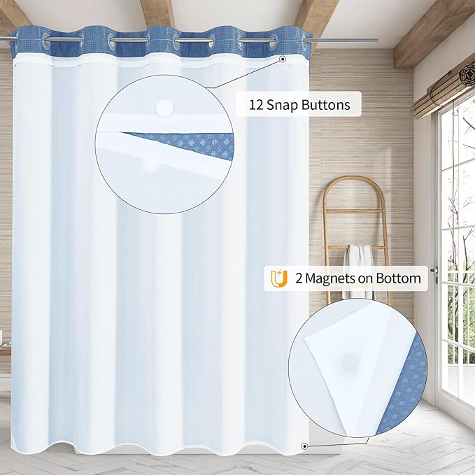 MitoVilla No Hooks Needed Blue Waffle Shower Curtain Liner Set, Modern Waffle Weave Heavy Duty Fabric Cloth Shower Curtain with Snap-in Liner for Luxury Neutral Hotel Spa Bathroom Decor