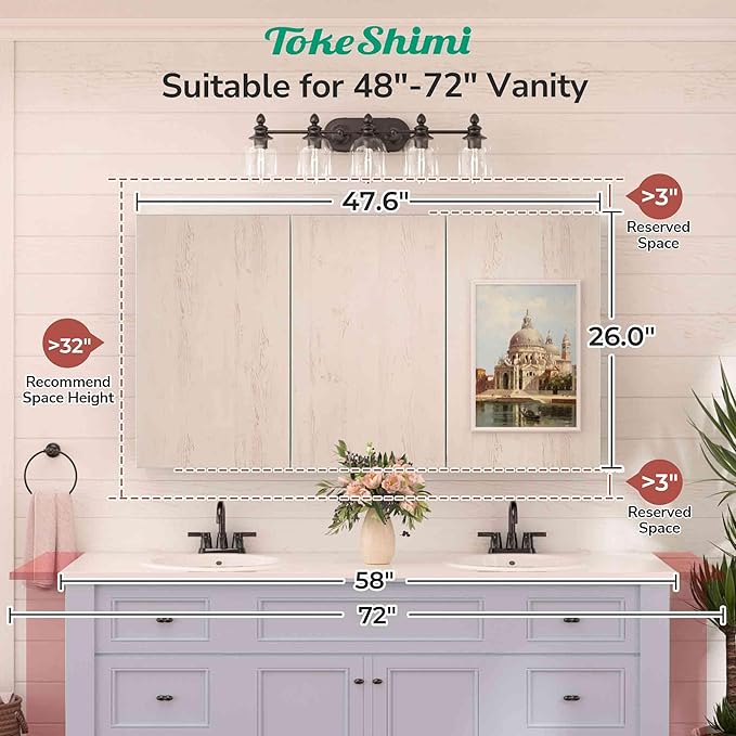 TokeShimi 48x26 Recessed Medicine Cabinet with Mirror Aluminum, Tempered Frameless Bathroom Mirror with Storage Adjustable, White Wall Mounted Medicine Cabinet for Bathroom Farmhouse