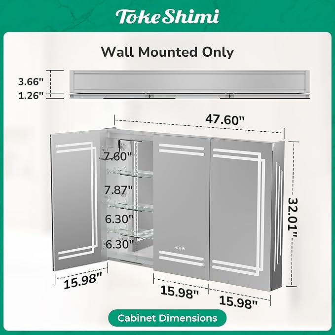 TokeShimi 48 x 32 Lighted Bathroom Medicine Cabinet with Mirror Tempered, 3 Color LED Mirror with Storage with Stepless Dimming, CRI 80+ Anti-Fog, Memory Funtion, Wall Mirrored Medicine Cabinet