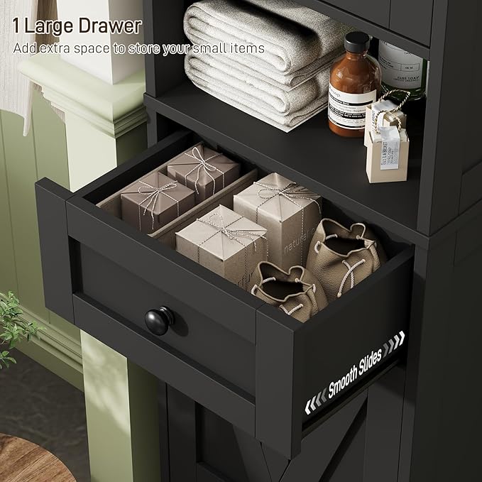 67" H Tall Bathroom Cabinet, Narrow Storage Cabinet with 2 Barn Doors and 1 Drawer, Freestanding Floor Cabinets with 5 Shelves and Open Storage Shelf for Bathroom, Living Room, Kitchen, Black