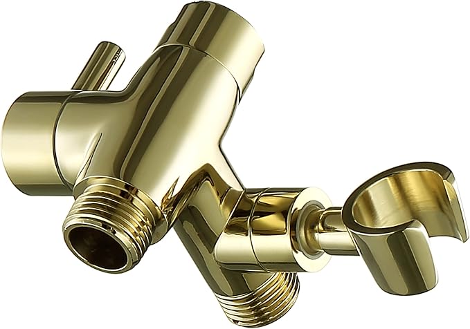 G-Promise Solid Metal Shower Arm Diverter with Holder for Hand Held Showerhead and Fixed Spray Head, G 1/2 3-Way Bathroom Universal Diverter System Replacement Part (Polished Gold)