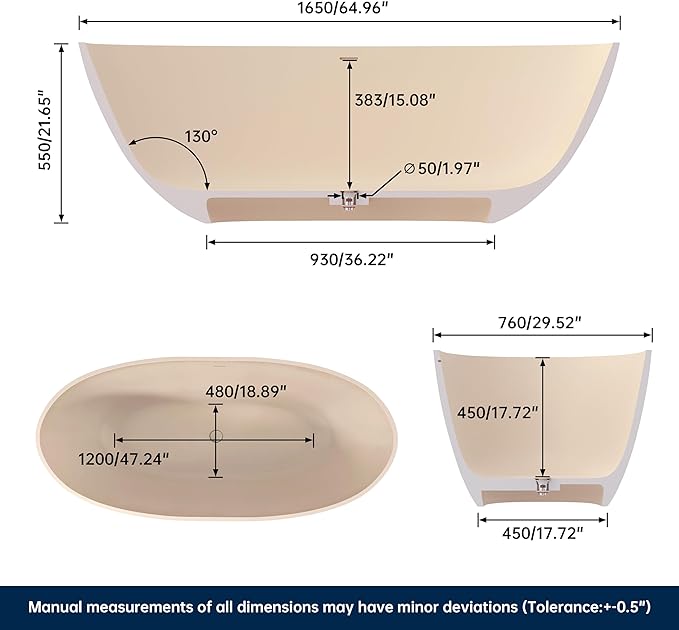 Stone Resin Freestanding Bathtub 65", Elegant Oval Shape Soaking Tub, Solid Surface Stand Alone Bathtub with Drain & Integrated Slotted Overflow AMFS303-1650 milky coffee