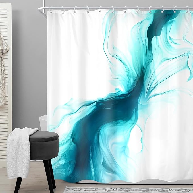 Cinbloo Teal Turquoise Aqua 60Wx72H Shower Curtain Abstract Modern Ombre Marble Ink Art White Texture Minimalist Bathroom Curtain Set Aesthetic Simple Cool Neutral Bath Bathroom Accessories Decor