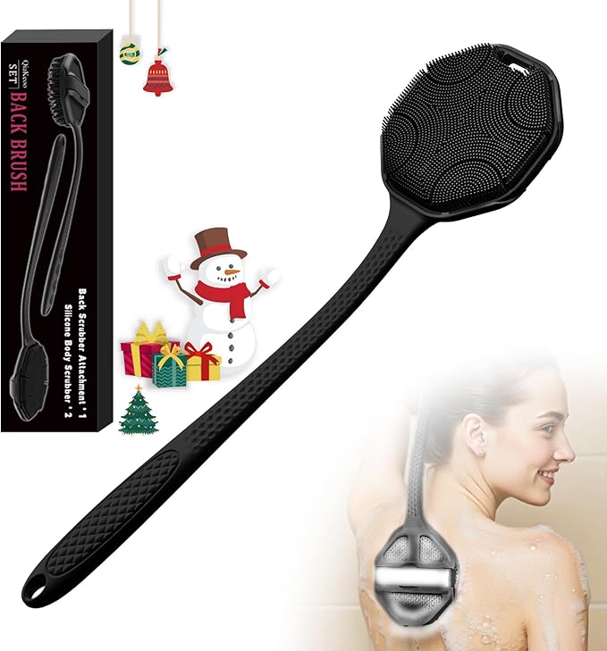 3PCS Extender Handle Set,17in Lengthen Detachable Long Handle Back Brush*1,Silicone Body Scrubber for Gentle Exfoliating and Massage Can Produce Rich Foam*2,Long Handle Back Scrubber for Men (Black)