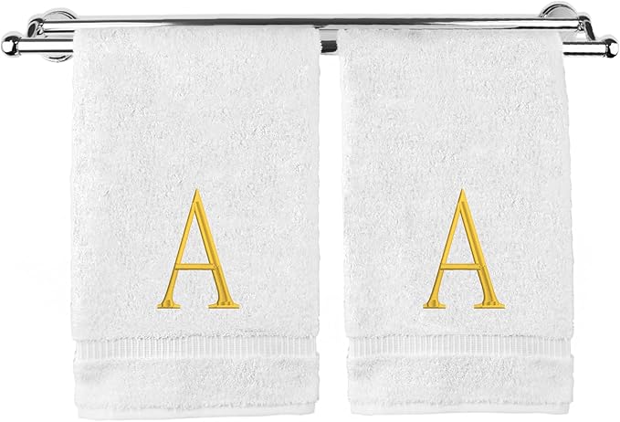 Monogrammed Hand Towel, Personalized Initial Gift, Extra Absorbent 100% Turkish Cotton - Soft Terry Finish - Set of 2 - Gold Block Initial A - Embroidered on White Towels