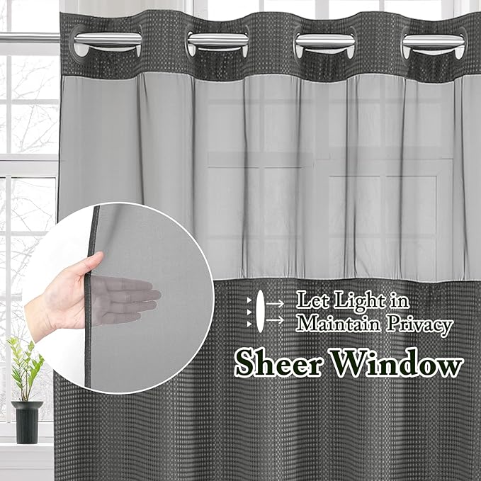 Gibelle Extra Long Shower Curtain 72x86, Waffle Weave Bathroom Shower Curtain with Snap-in Fabric Liner Set, No Hooks Needed, Hotel Style with Mesh Top Window, Charcoal Grey
