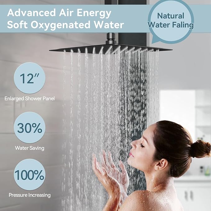 Shower Systems Matte Black Shower Faucet Sets,Bostingner Five Function Diverter Dual Head Shower Set,12'' Ceiling Mount and 6’‘ Wall Mount Rainfall Shower System with 2 in 1 Handheld Spray
