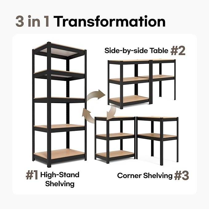 HOMEDANT House 24.4" W 5 Tier Heavy Duty Garage Shelving Adjustable Metal Rack Storage Shelves Standing Shelf Unit Organizers Pantry Closet Office Black 1Pack