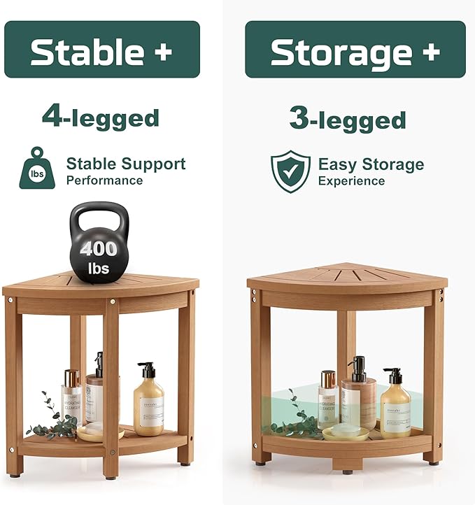 Waterproof Corner Shower Stool for Inside Shower, Poly Lumber Shower Bench Seat Chair, Bath Shower Stool for Shaving Legs Foot Rest with Storage Shelf, Adjustable & Non-Slip Feet, Teak Brown