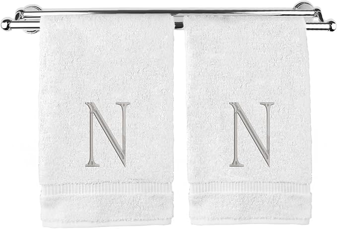 Monogrammed Hand Towel, Personalized Initial Gift, Extra Absorbent 100% Turkish Cotton - Soft Terry Finish - Set of 2 - Silver Block Initial N - Embroidered on White Towels
