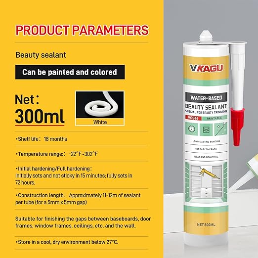 VGS66 Beauty Silicone Caulkfor Trim & Baseboards - Flexible Interior Gap Filler for Crown Molding, Door Frames & Woodwork - Easy Water Clean-Up, Paint-Ready in 30 Mins, White