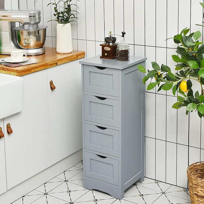 Tangkula Bathroom Floor Cabinet with 4 Drawers, Wooden Storage Cabinet w/Anti-Tipping Device, Freestanding Side Cabinet for Bathroom Home Office, 12 x 12 x 32.5 Inch (Grey, 4 Drawers)