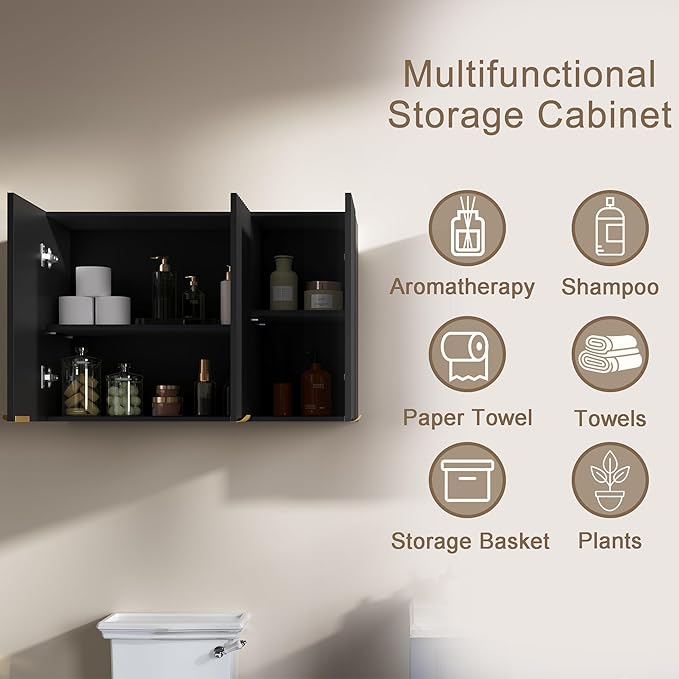 ChooChoo 3 Doors Wall Cabinet Laundry Room, Bathroom Wall Cabinet with Adjustable Shelf, Fluted Wall-Mounted Medicine Cabinet, Storage Cabinet for Kitchen, Garage, Black