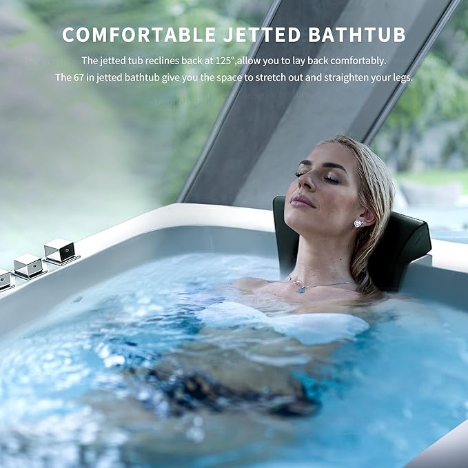 Empava 67” Whirlpool Bathtub with Chromatherapy, Hydrotherapy Jetted Bathtub with Glass Panel, 11 Jets,3-Side Apron,67 Gallons,ETL Certified, White