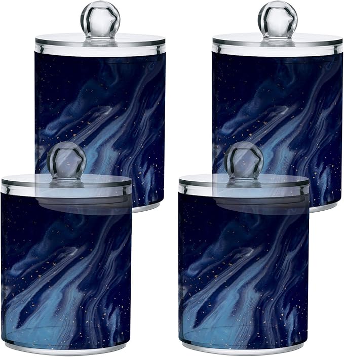 MNSRUU 4 Pack Qtip Holder Organizer Dispenser Beautiful Navy Blue Marble Bathroom Containers Bathroom Vanity Storage Canister Apothecary Jars for Cotton Swabs/Pads/Floss