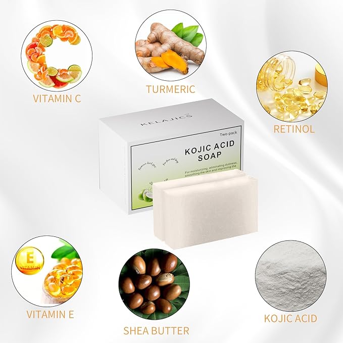 Kojic Acid Soap Bars with Retinol, Collagen, Vitamin C, Fresh Coconut Scent for Face and Body, Moisturizes, Smooth and Evenly Radiant (2 Pack)