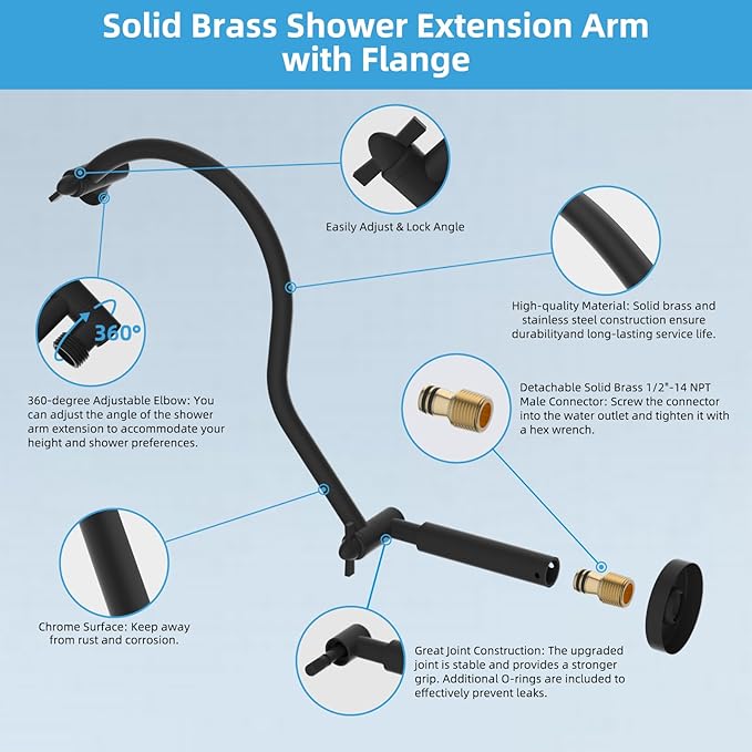 Hibbent All Metal Upgraded 18'' Shower Head Extension Arm, Shower Arm with Flange, Solid Brass Flexible Height & Angle Adjustable Shower Extender with Lock Joint, Universal Connection, Matte Black